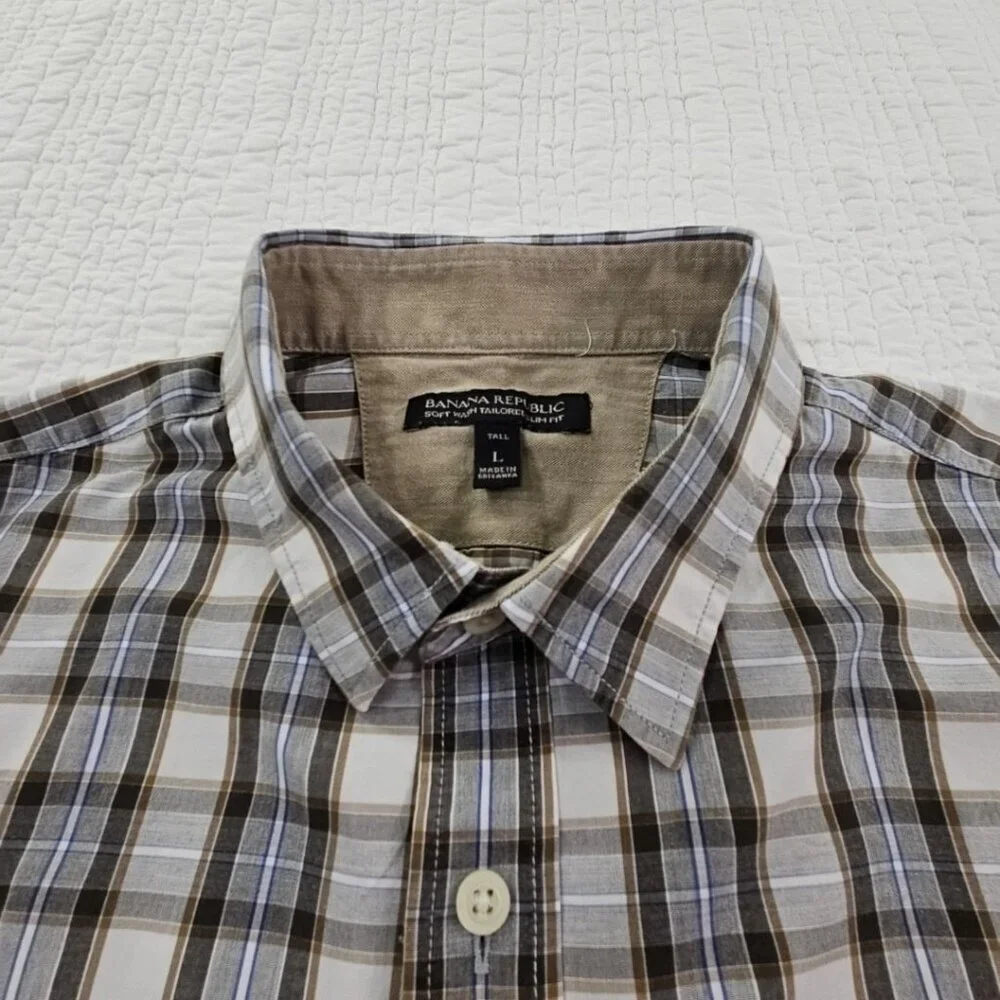 Banana Republic Shirt Men's L Tall Brown Plaid Soft Wash Tailored Slim Fit‎ EUC